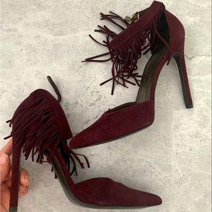 Stuart Weitzman Fringelica Suede Pointed-Toe D'Orsay Pumps | Burgundy | SIZE 8